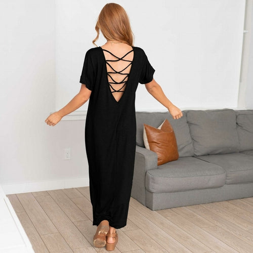 Short Sleeve Maxi Dress With cross strings and side slits-have product