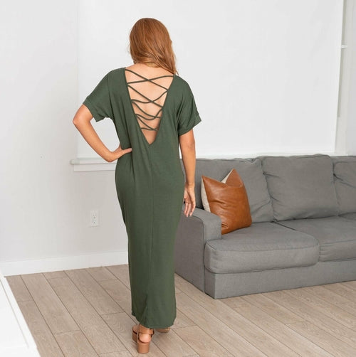 Short Sleeve Maxi Dress With cross strings and side slits-have product